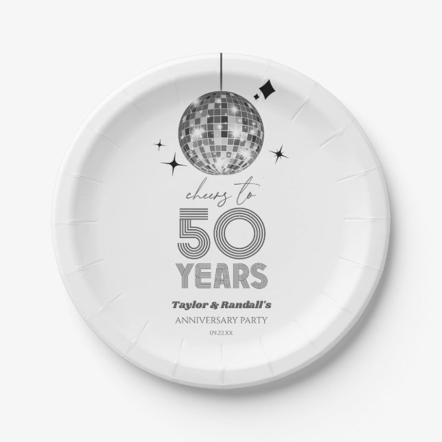Disco Cheers 50 Years Wedding Anniversary Party Paper Plate (Front)