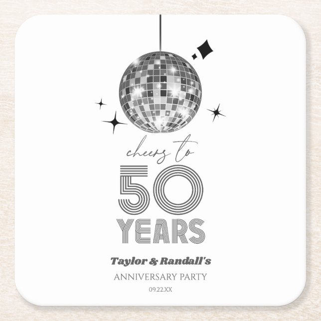 Disco Cheers 50 Years Wedding Anniversary Party Square Paper Coaster (Front)