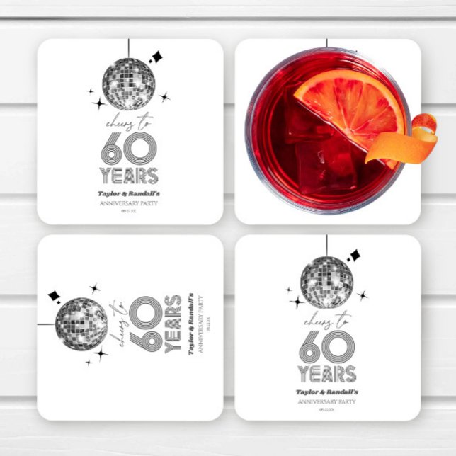 Disco Cheers 60 Years Wedding Anniversary Party Square Paper Coaster (Creator Uploaded)