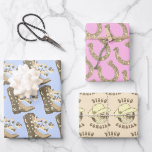 Disco Cowgirl Boot Horseshoe Pink Blue Beige Gold Wrapping Paper Sheet