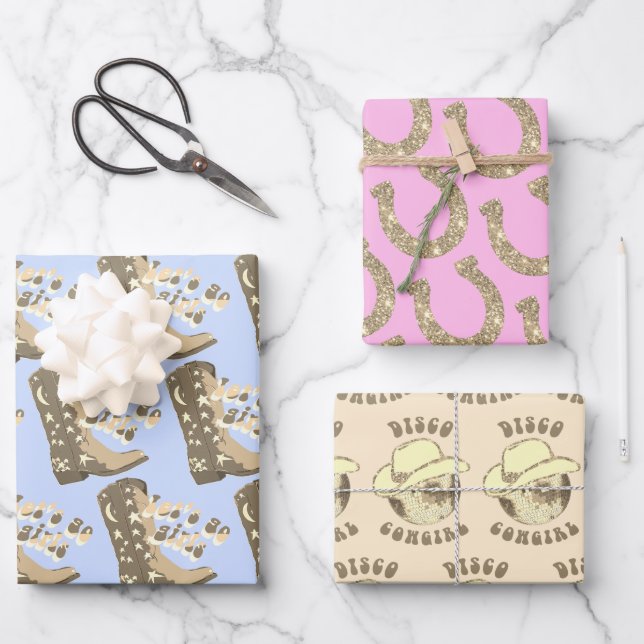 Disco Cowgirl Boot Horseshoe Pink Blue Beige Gold Wrapping Paper Sheet (Front)