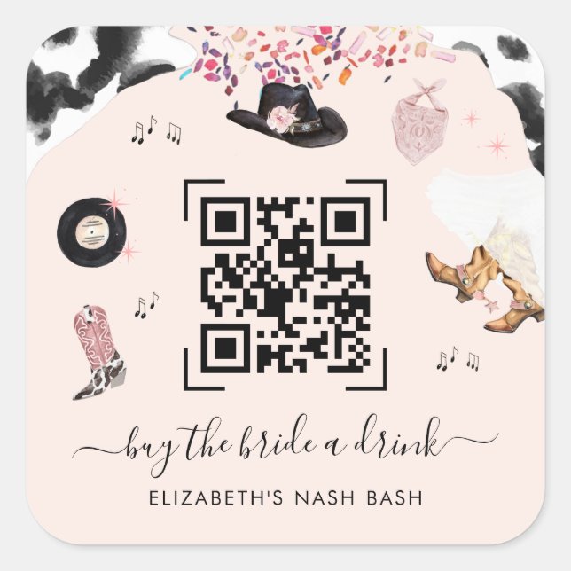 Disco Cowgirl Rodeo Buy The Bride A Drink QR Code Square Sticker (Front)