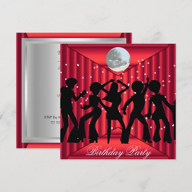 Disco Dance Anniversaire Fête Invitation rouge (Devant / Derrière)