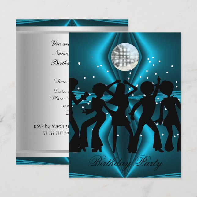 Disco Dance Blue Birthday Party Invitation (Front/Back)
