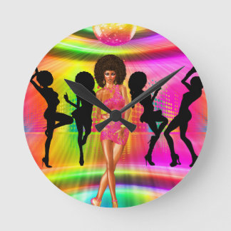 Disco dance scene with silhouettes, retro. round clock