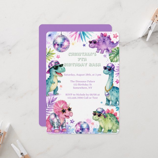 Disco Dinosaur Watercolor Birthday Bash Age Invitation (Front/Back In Situ)