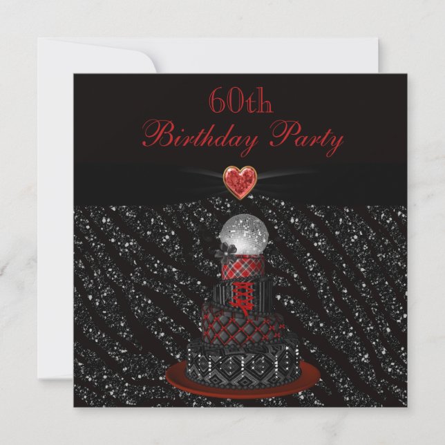Disco Diva Cake Zebra Glitter Print 60th Birthday Invitation (Front)