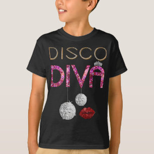 Disco Diva Ladies Disco Gold Ball Silver Red Lips T-Shirt