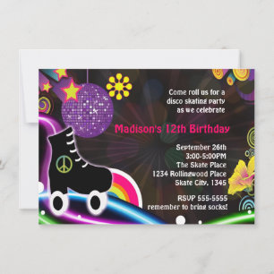 Disco Glow Roller  Skating Skate Party Invitation