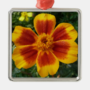Disco Marigold Orange and Red Summer Flower Metal Ornament