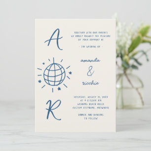 Disco Monogram French Fun Retro Hand drawn Wedding Invitation