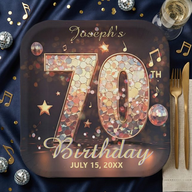 Disco Music Notes Gold Black 70th Birthday Party  Paper Plate (Creator Uploaded)