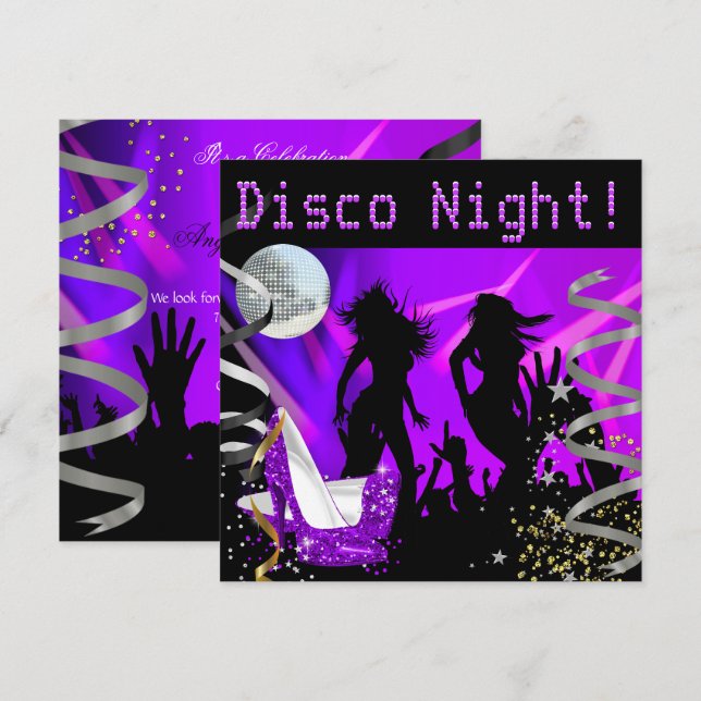 Disco Night Purple Dance Gold Black Glitter Heels Invitation (Front/Back)