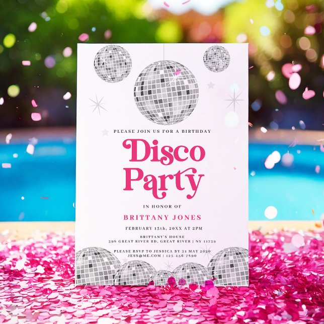 Disco Party Birthday Silver Retro PINK Glitter Invitation (Creator Uploaded)