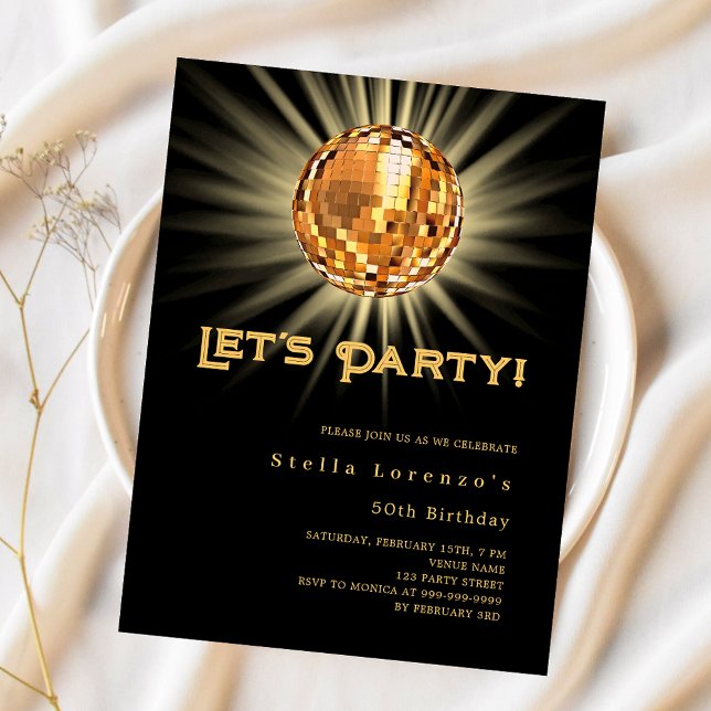 Disco party black gold birthday invitation (Creator Uploaded)