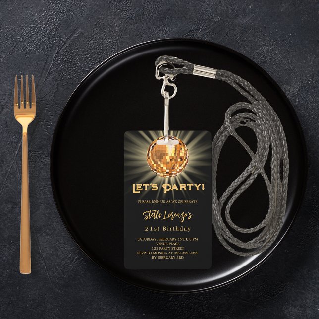 Disco party black gold birthday invitation badge (Creator Uploaded)