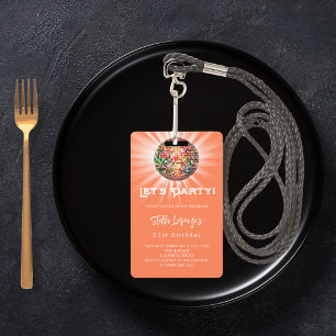 Disco party coral orange birthday invitation badge