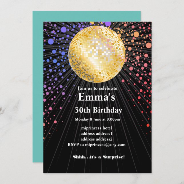 disco party dance party 70s gold disco ball invitation (Front/Back)