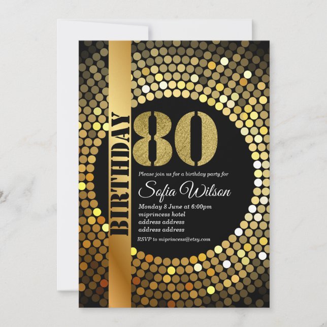 Disco party, gold, 70s, birthday party invitation (Front)
