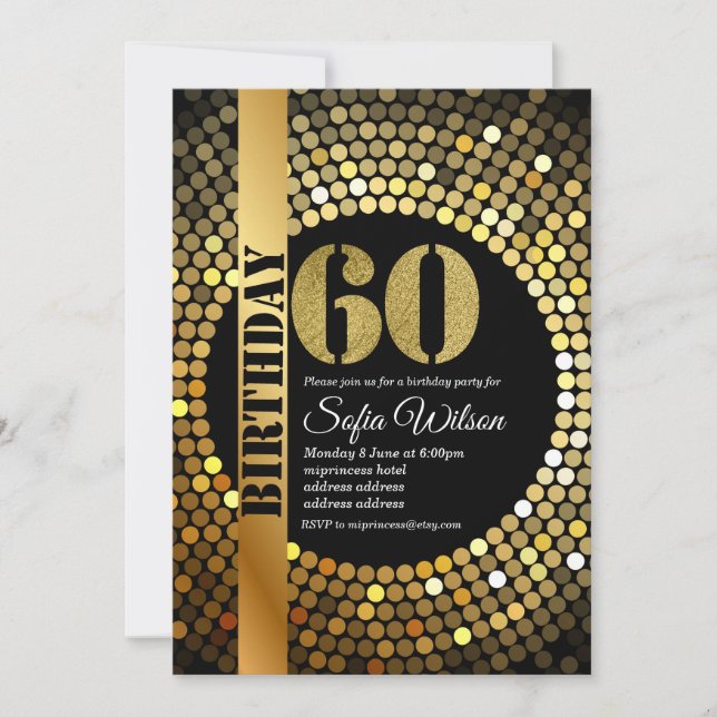 Disco party, gold, 70s, birthday party invitation (Front)
