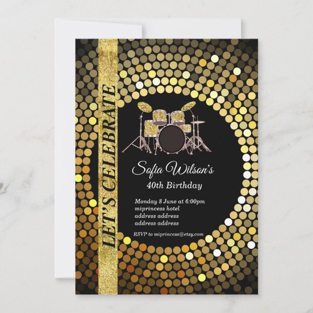 Disco party, gold, music, birthday party invitation (Front)
