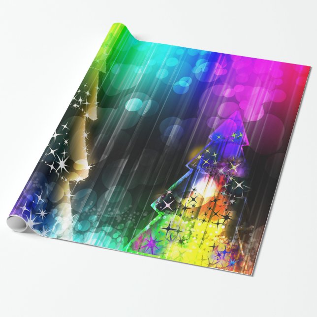 Disco Party Neon Lights Christmas Trees Wrapping Paper (Unrolled)