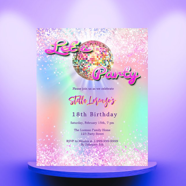 Disco party pink holographic birthday invitation (Creator Uploaded)