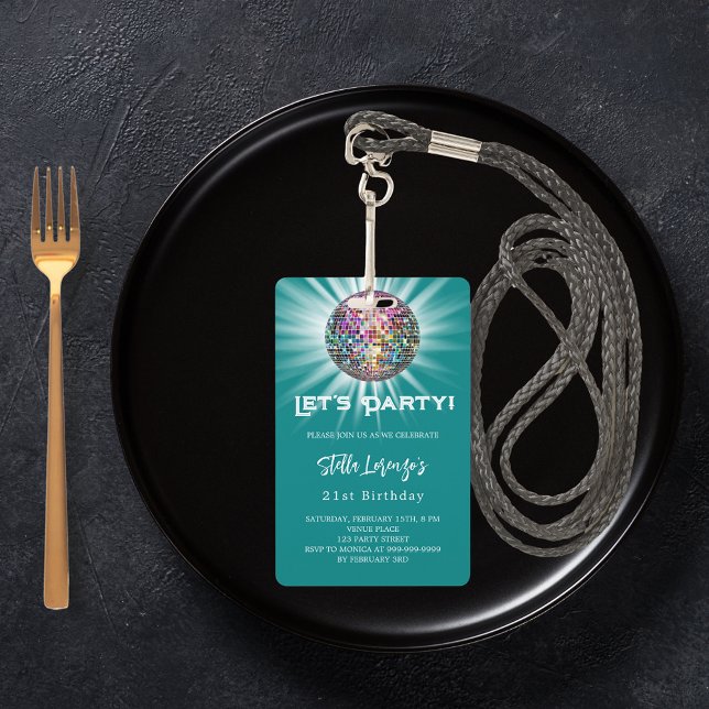 Disco party teal green birthday invitation badge (Creator Uploaded)