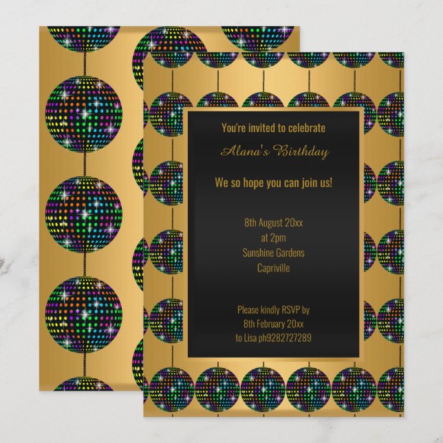 DISCO PARTY THEME GOLD ALL OCCASION INVITATION (Front/Back)