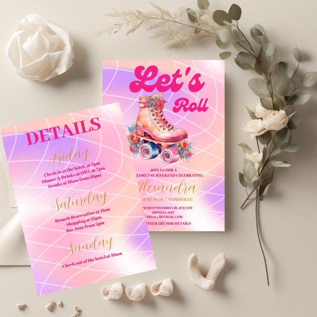 Disco Pink Retro Roller Skating  Bachelorette Part Invitation (Creator Uploaded)