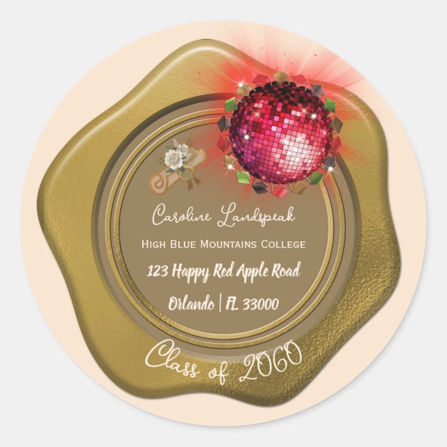 Disco Red Ball & Floral Grad Diploma Classic Round Sticker (Front)