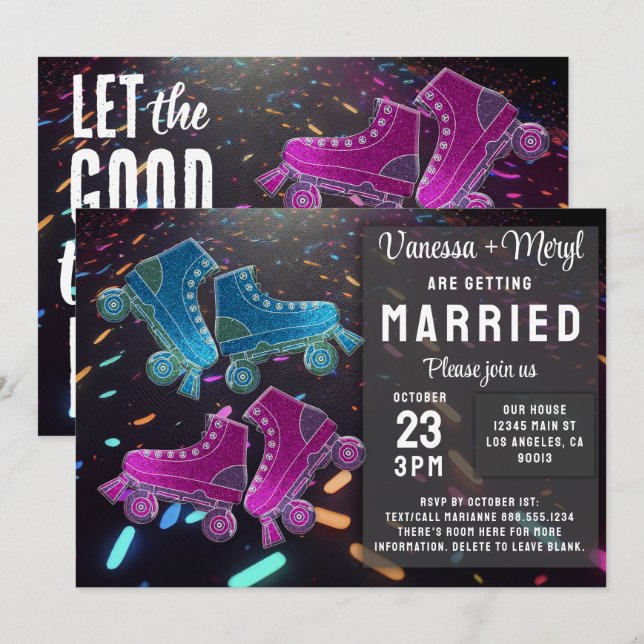 Disco Rollerskating Wedding Glitter Roller Skates Invitation (Front/Back)