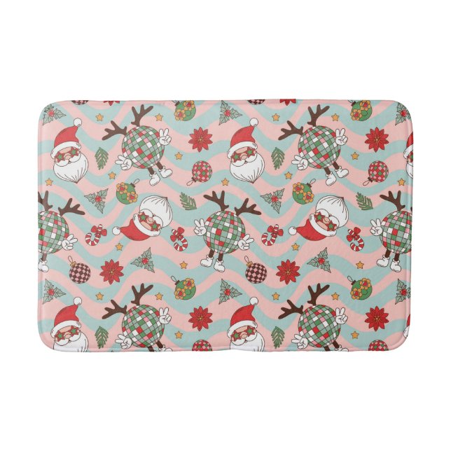 Disco Santa and Reindeer Holiday Pattern Bath Mat (Front)