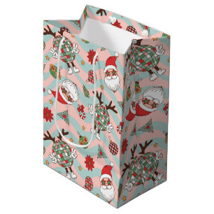 Disco Santa and Reindeer Holiday Pattern Medium Gift Bag