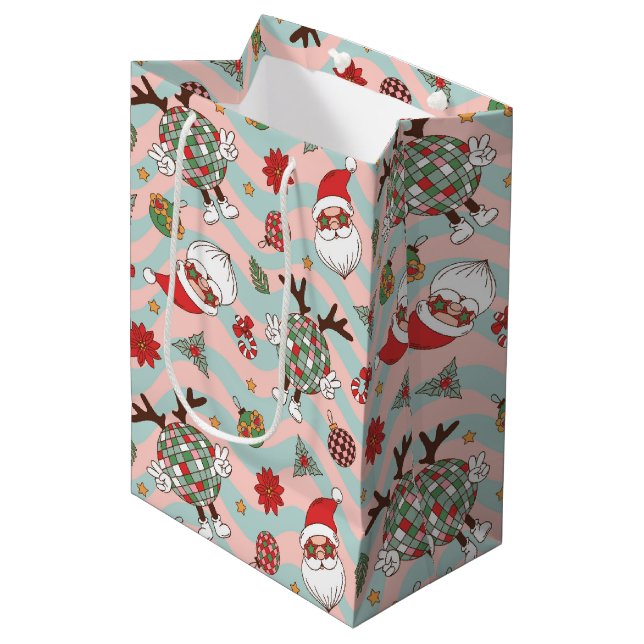 Disco Santa and Reindeer Holiday Pattern Medium Gift Bag (Front Angled)
