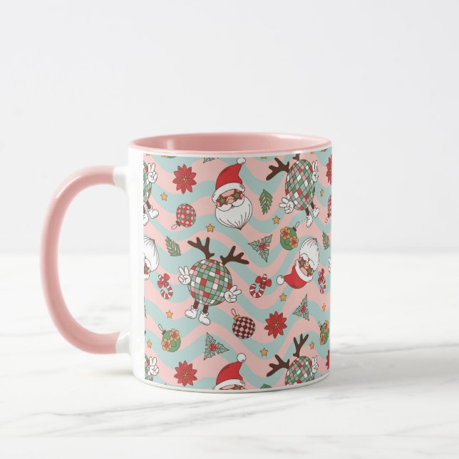 Disco Santa and Reindeer Holiday Pattern Mug (Left)