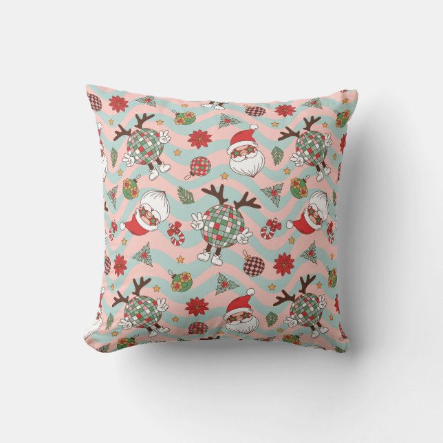 Disco Santa and Reindeer Holiday Pattern Throw Pillow (Front)
