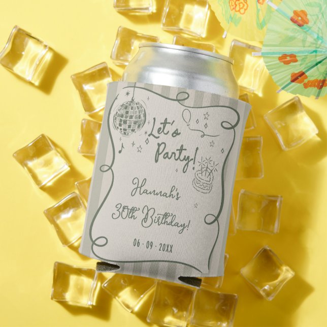 Disco Whimsical Hand Drawn Funky 30th Birthday Can Cooler (In Situ Summer)