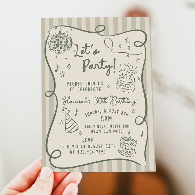 Disco Whimsical Hand Drawn Funky 30th Birthday Invitation (Creator Uploaded)