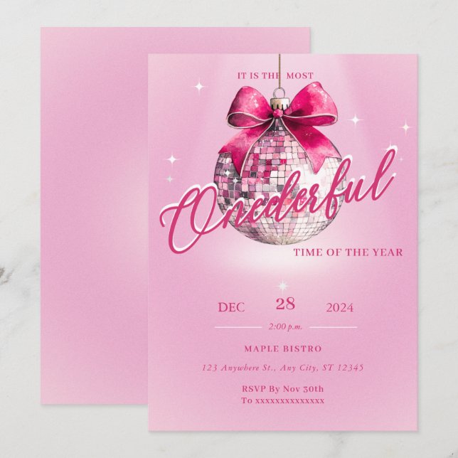Discoball rose Onederday Invitation (Devant / Derrière)