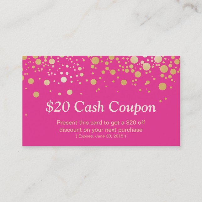 Discount Coupon Card Glam Gold Pink Confetti Dots (Front)