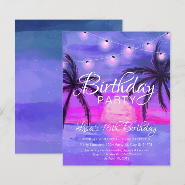 Discount Purple Beach Sunset Birthday Invitations (Front/Back)