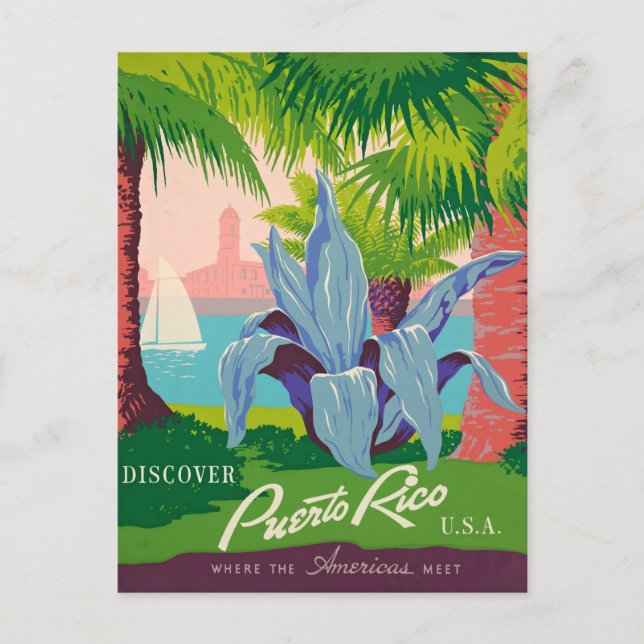Discover Puerto Rico Vintage Travel Art Postcard (Front)