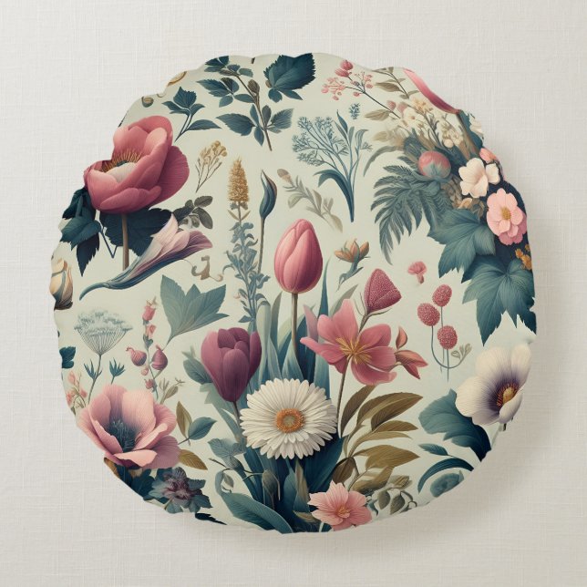 Discover Stunning Spring Floral Botanical Pattern Round Pillow (Front)