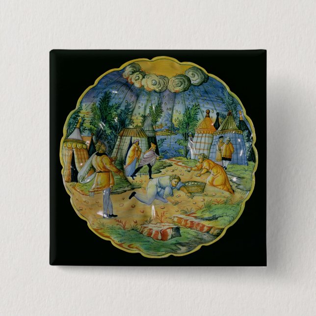 Dish depicting the gathering of manna 2 inch square button (Front)