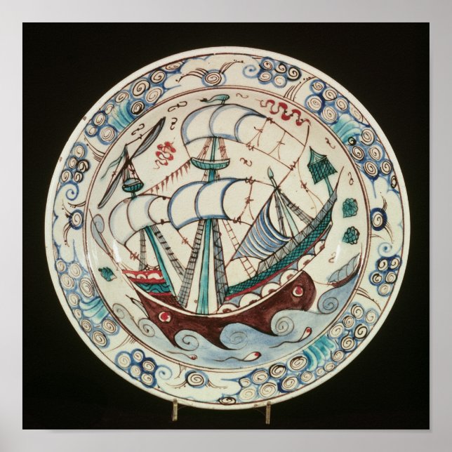 Dish painted with a ship poster (Front)