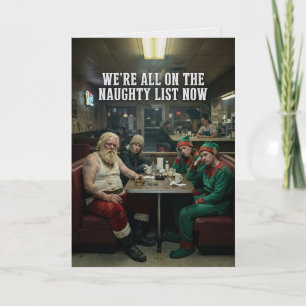 Dishevelled Santa Elves Diner Dark Christmas Card
