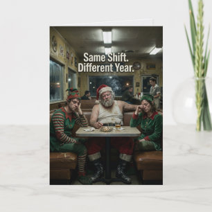 Dishevelled Santa Elves Diner Dark Humour Card