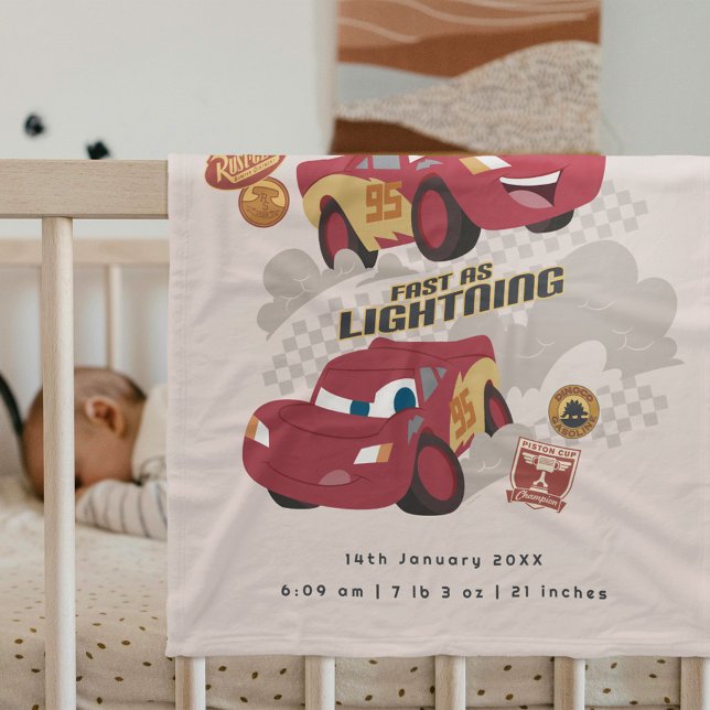 Disney Cars Lightning McQueen Birth Stats  Fleece Blanket (Blanket simulated on crib)
