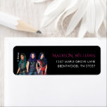 Disney Descendants Birthday<br><div class="desc">Show your Descendants style with this bold address label featuring Mal, Evie, and Uma standing confidently in their iconic outfits against a sleek black background. The vibrant artwork highlights their colourful hair and adventurous personalities, while your custom name and address appear in bright pink and white lettering for a striking...</div>